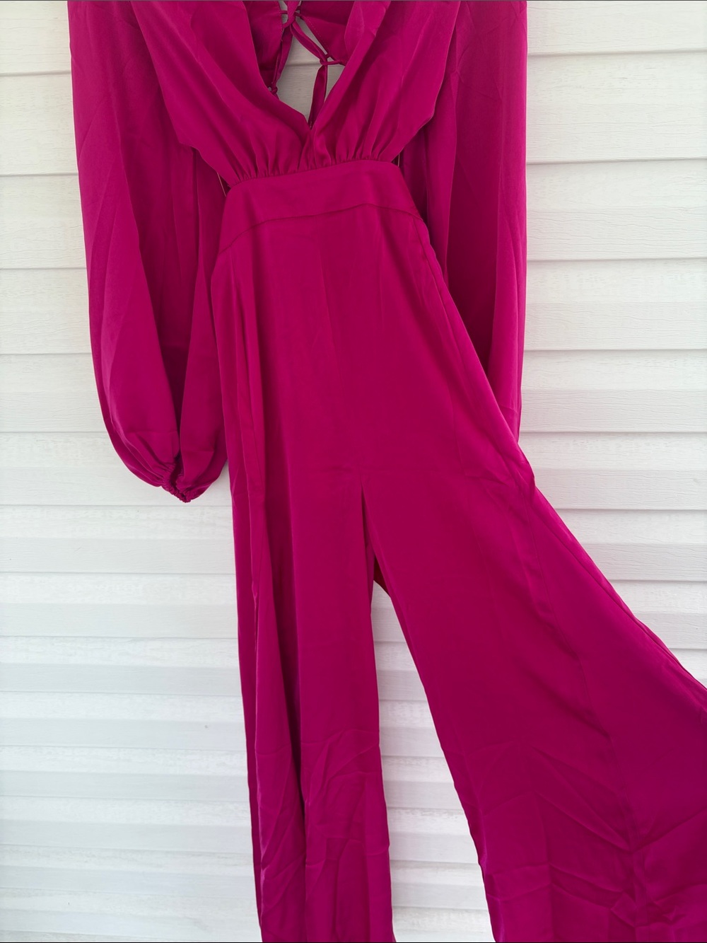 NWT AKIRA Hot Pink Satin Jumpsuit with Lace-Up Back Glam Wide Leg Statement - Picture 8 of 16